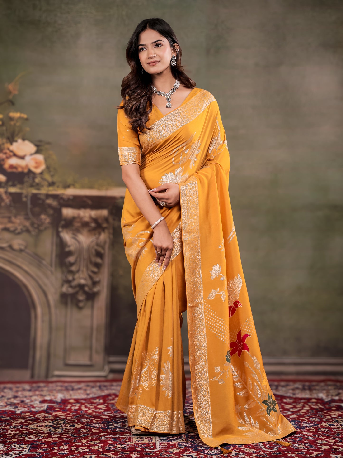 Mustard Yellow Nylon Viscose Pure Saree with Silver Woven Border, Floral Botanical Design, Elegant Designer Pallu & Tassel Edges