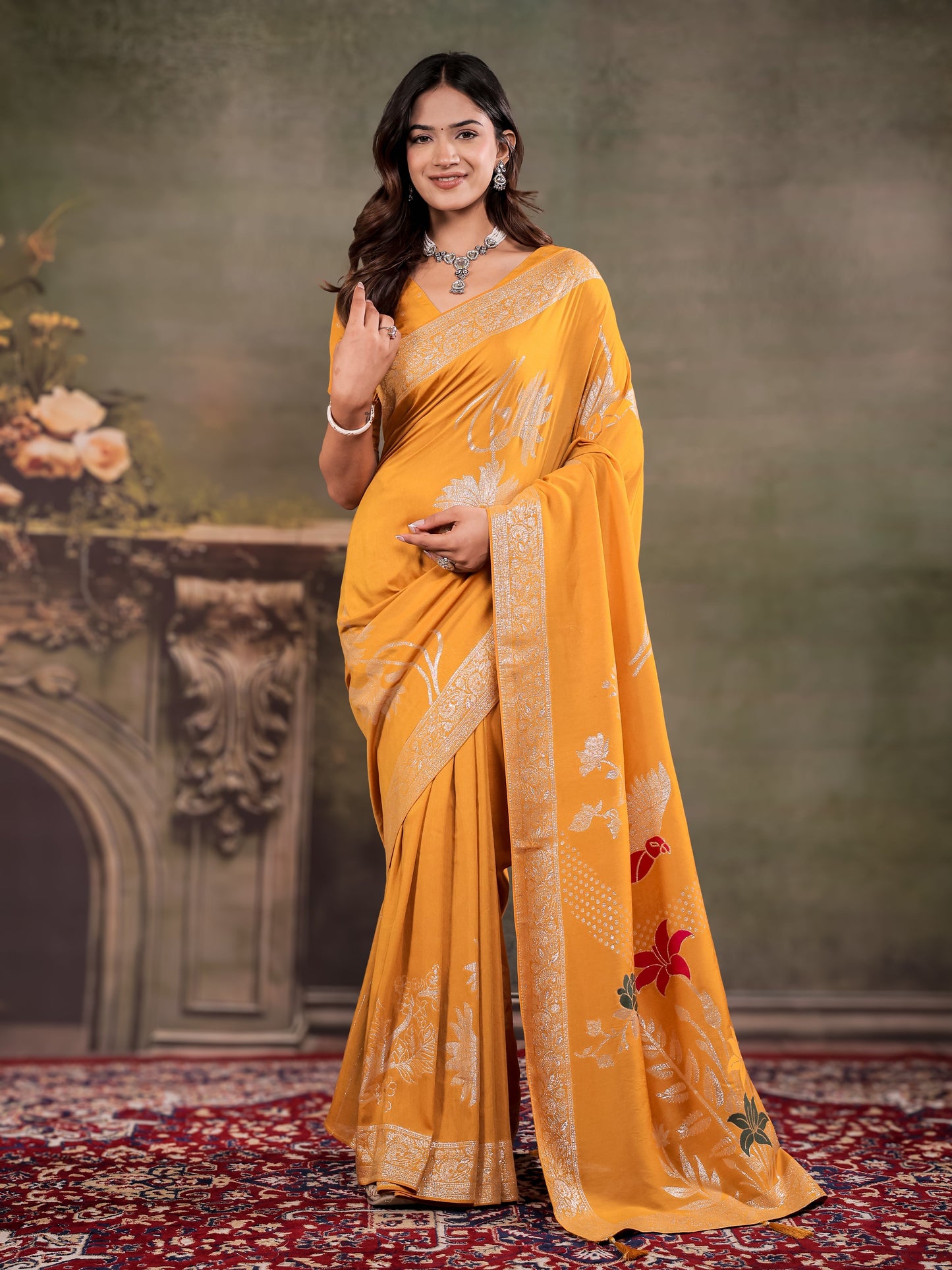 Mustard Yellow Nylon Viscose Pure Saree with Silver Woven Border, Floral Botanical Design, Elegant Designer Pallu & Tassel Edges