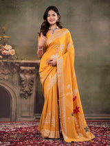 Mustard Yellow Nylon Viscose Pure Saree with Silver Woven Border, Floral Botanical Design, Elegant Designer Pallu & Tassel Edges