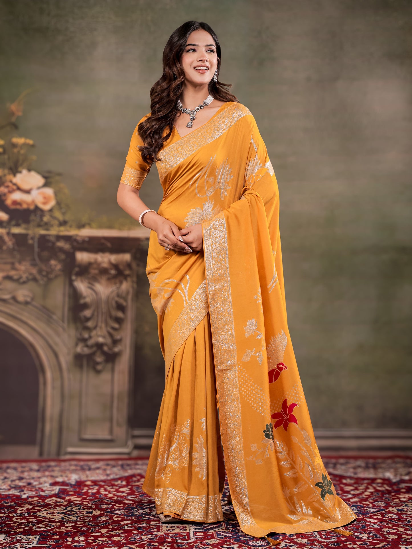 Mustard Yellow Nylon Viscose Pure Saree with Silver Woven Border, Floral Botanical Design, Elegant Designer Pallu & Tassel Edges