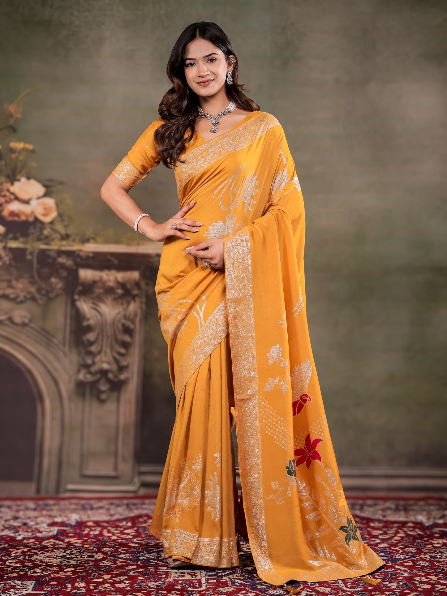 Mustard Yellow Nylon Viscose Pure Saree with Silver Woven Border, Floral Botanical Design, Elegant Designer Pallu & Tassel Edges