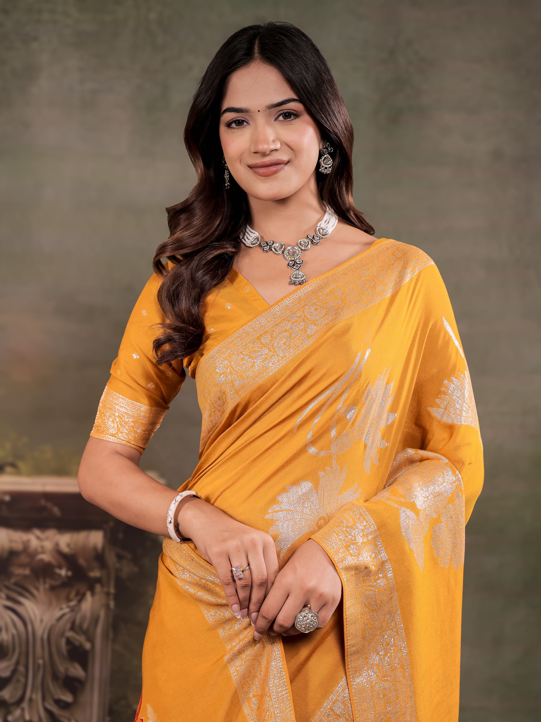 Mustard Yellow Nylon Viscose Pure Saree with Silver Woven Border, Floral Botanical Design, Elegant Designer Pallu & Tassel Edges