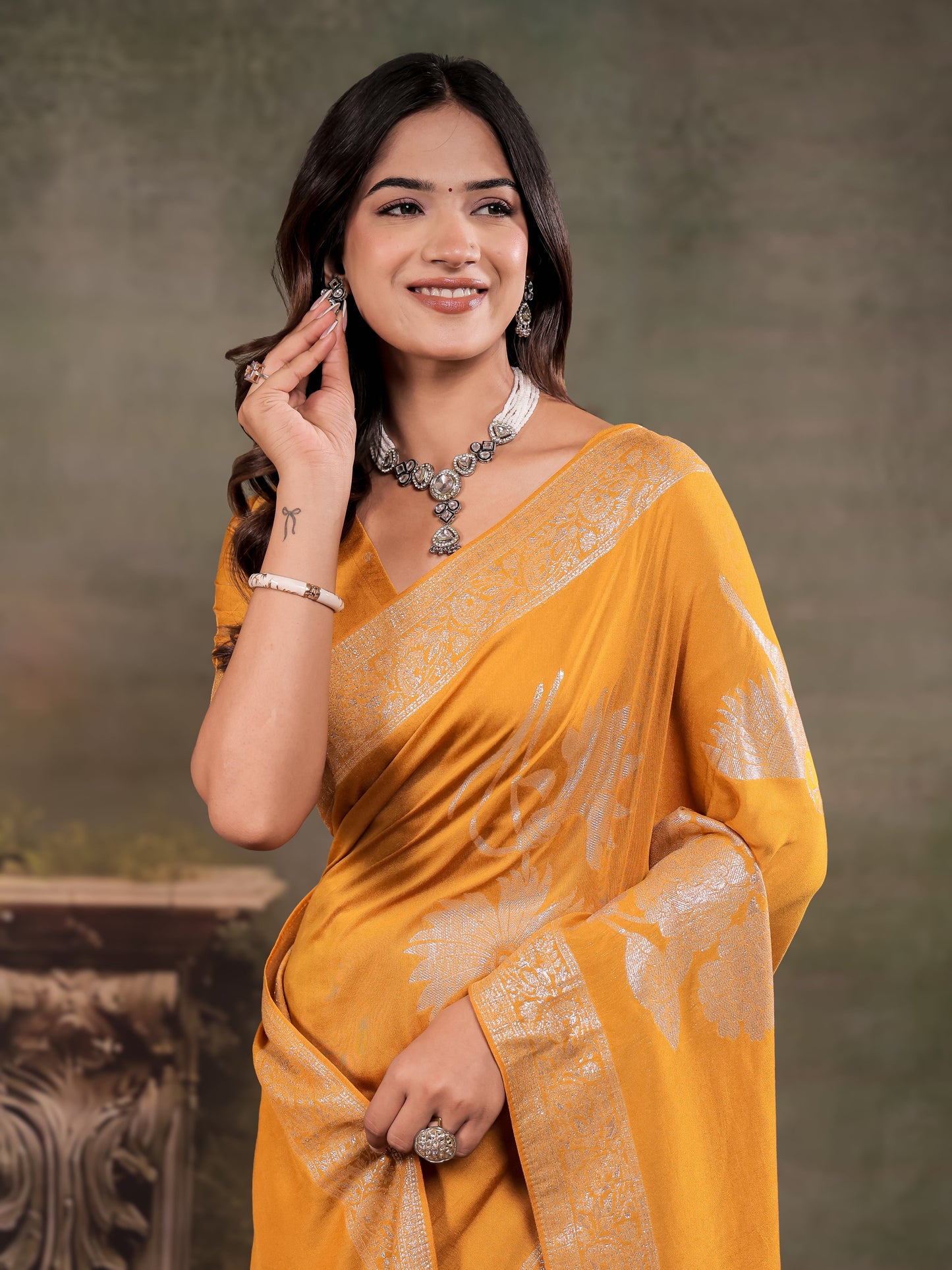 Mustard Yellow Nylon Viscose Pure Saree with Silver Woven Border, Floral Botanical Design, Elegant Designer Pallu & Tassel Edges