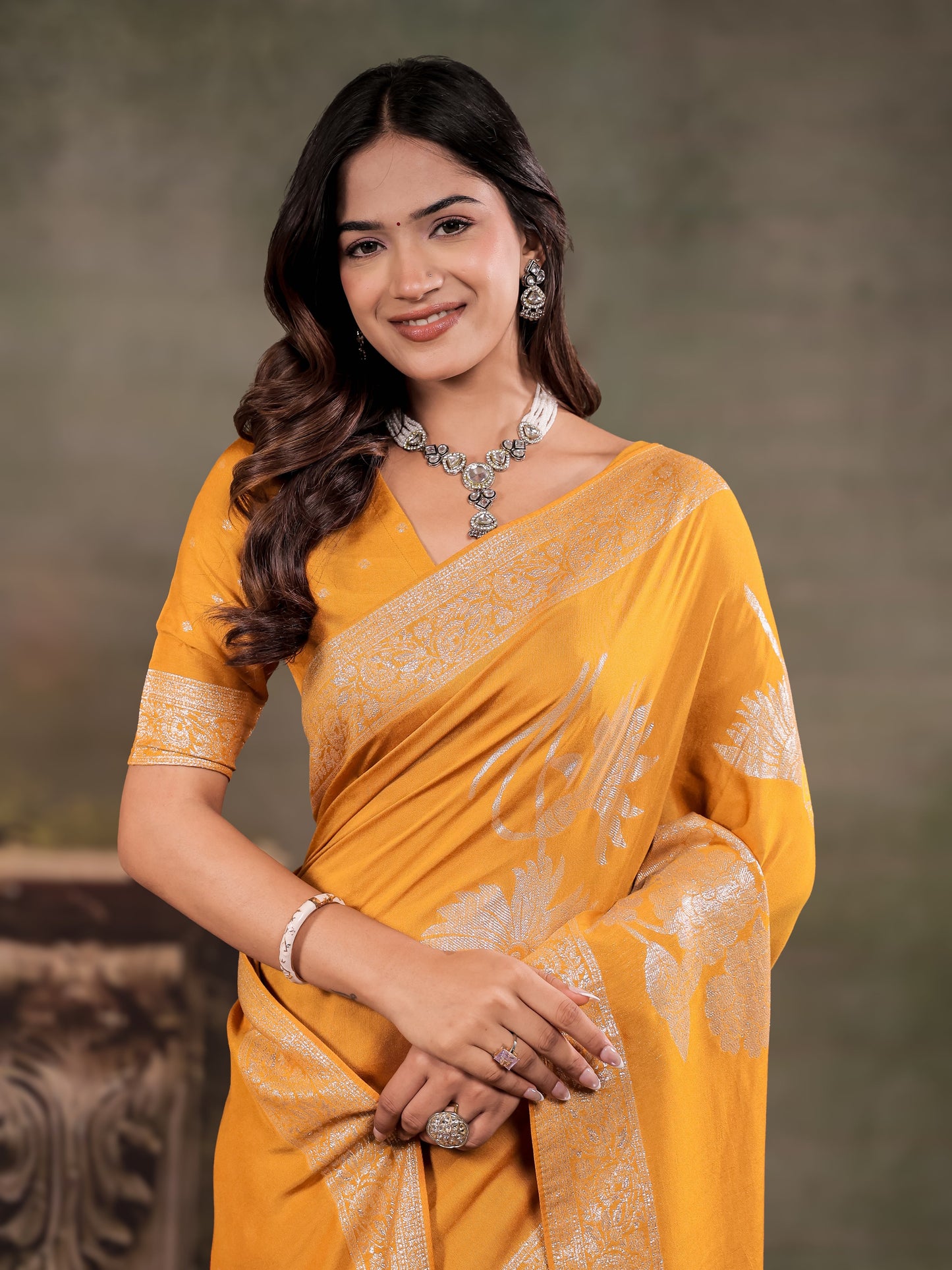 Mustard Yellow Nylon Viscose Pure Saree with Silver Woven Border, Floral Botanical Design, Elegant Designer Pallu & Tassel Edges