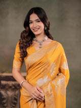 Mustard Yellow Nylon Viscose Pure Saree with Silver Woven Border, Floral Botanical Design, Elegant Designer Pallu & Tassel Edges
