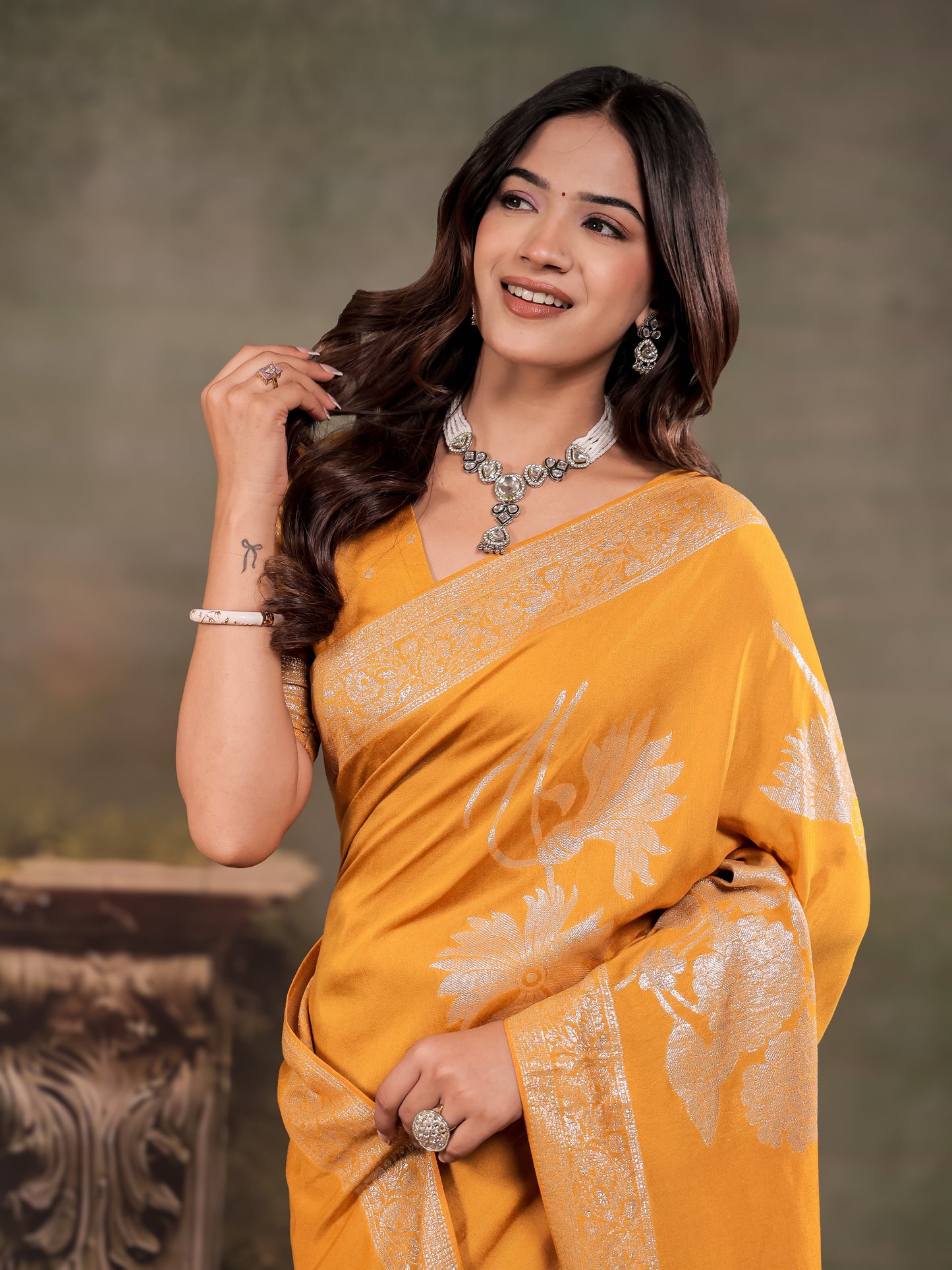 Mustard Yellow Nylon Viscose Pure Saree with Silver Woven Border, Floral Botanical Design, Elegant Designer Pallu & Tassel Edges