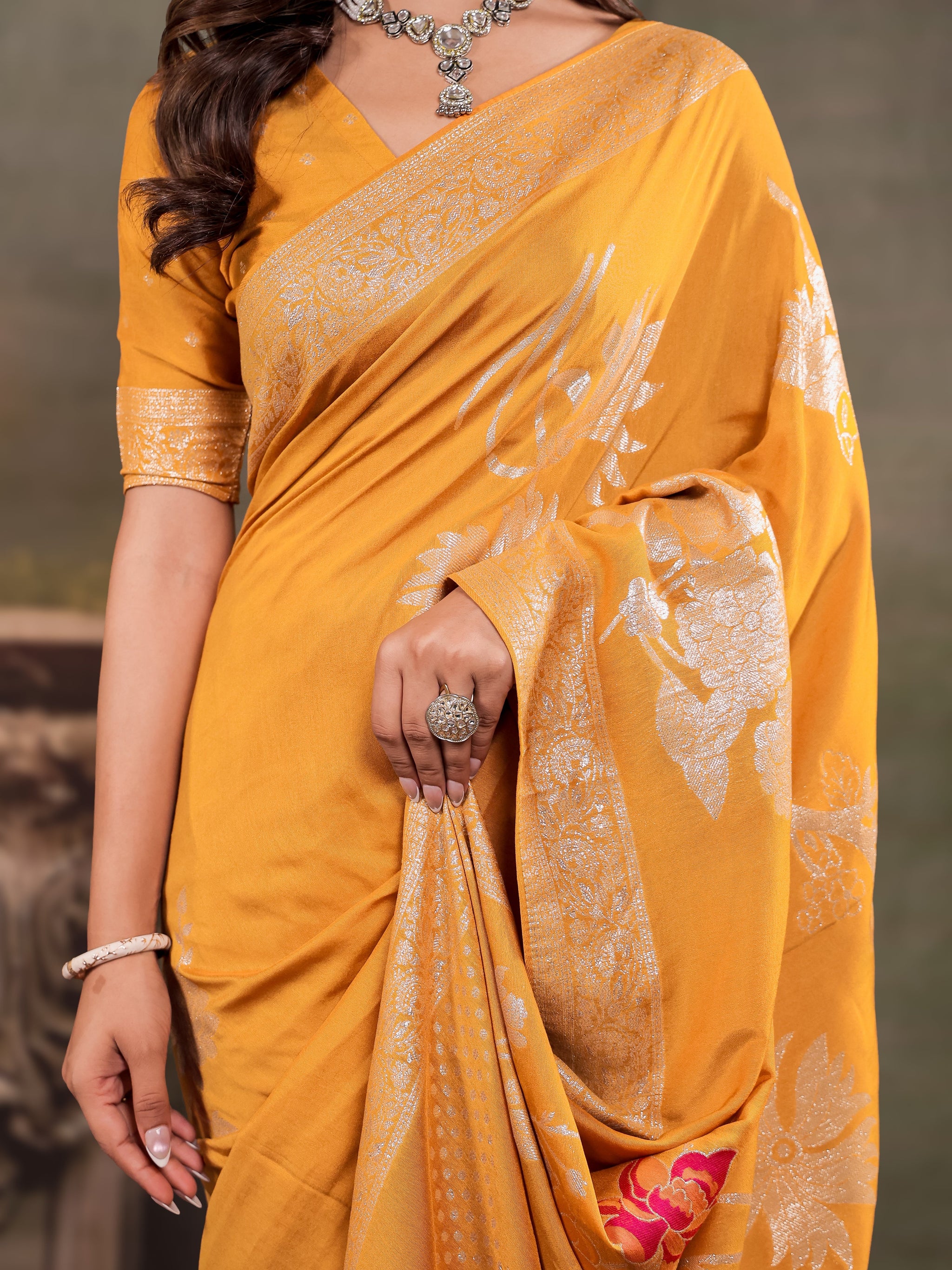 Mustard Yellow Nylon Viscose Pure Saree with Silver Woven Border, Floral Botanical Design, Elegant Designer Pallu & Tassel Edges