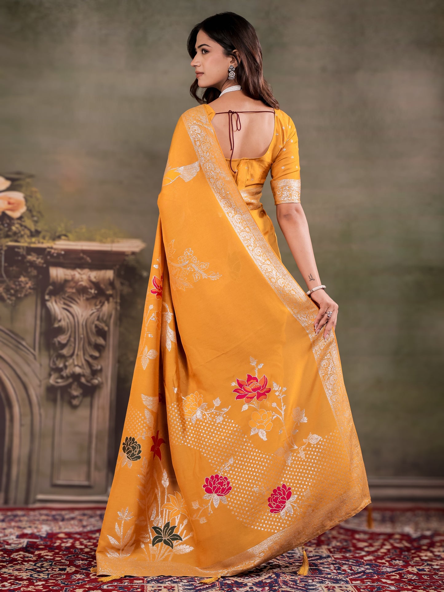 Mustard Yellow Nylon Viscose Pure Saree with Silver Woven Border, Floral Botanical Design, Elegant Designer Pallu & Tassel Edges