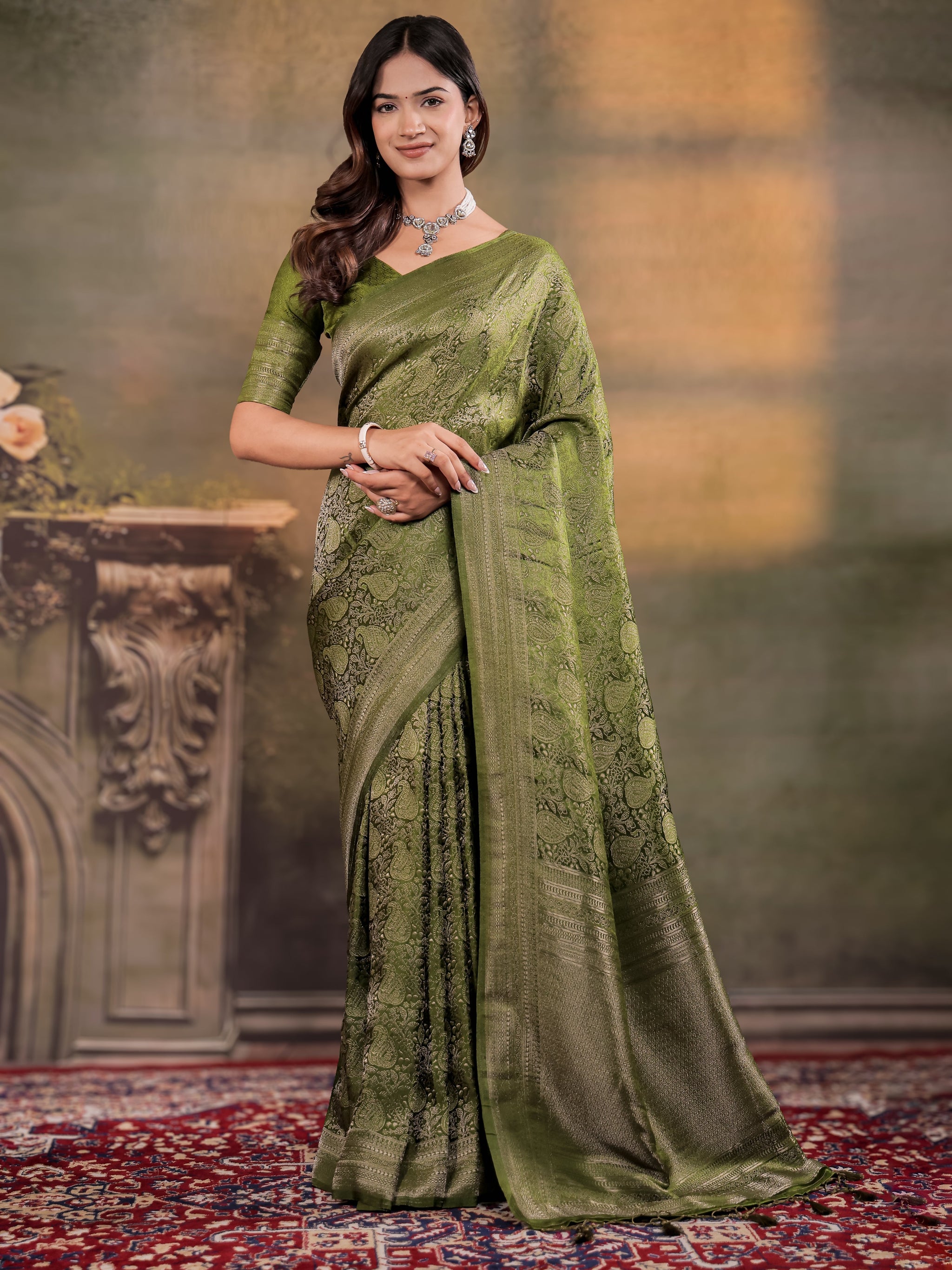 Olive Green Satin Silk Saree with All-Over Paisley Woven Design, Rich Designer Border & Grand Traditional Pallu