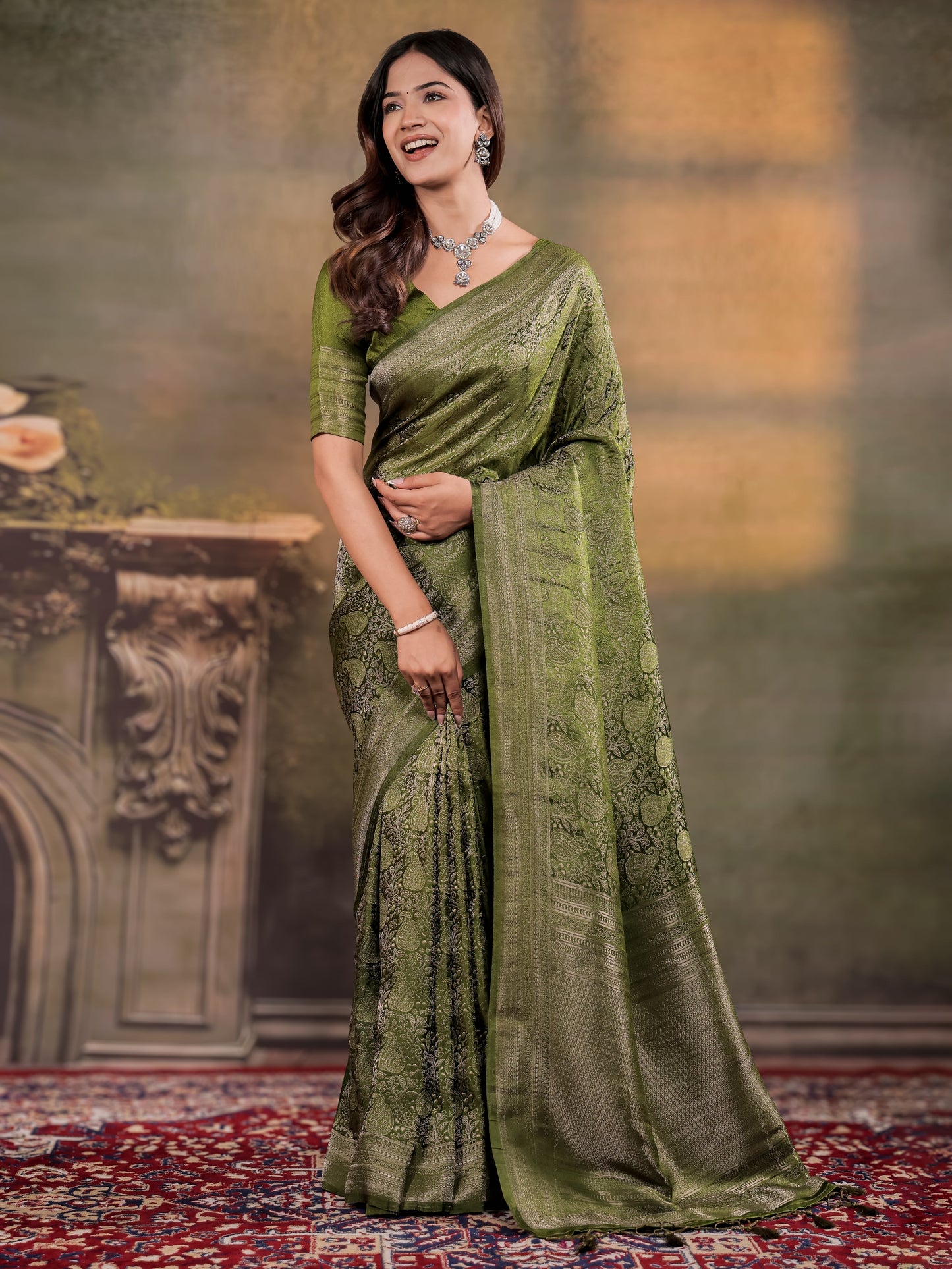 Olive Green Satin Silk Saree with All-Over Paisley Woven Design, Rich Designer Border & Grand Traditional Pallu