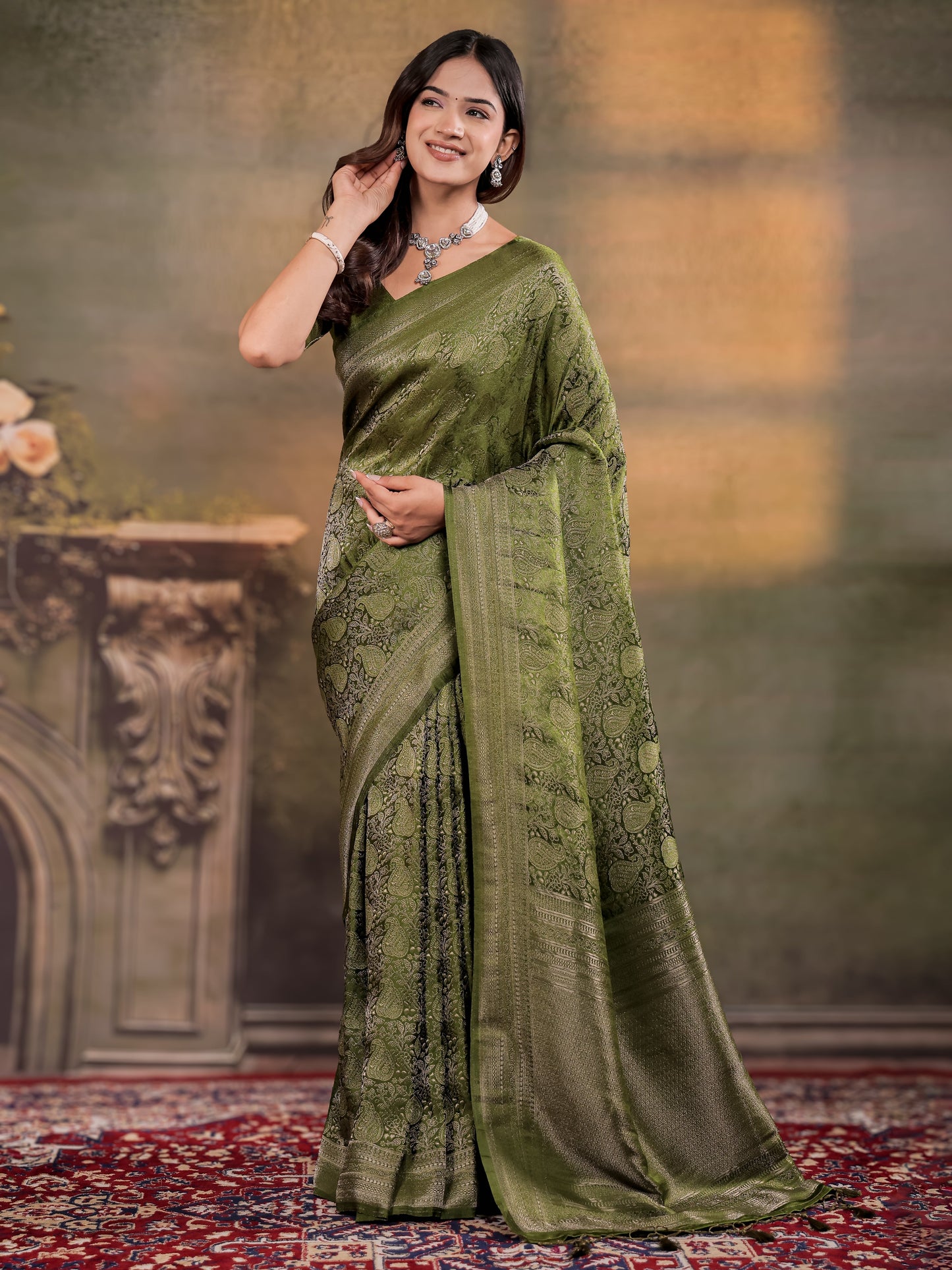 Olive Green Satin Silk Saree with All-Over Paisley Woven Design, Rich Designer Border & Grand Traditional Pallu