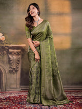 Olive Green Satin Silk Saree with All-Over Paisley Woven Design, Rich Designer Border & Grand Traditional Pallu
