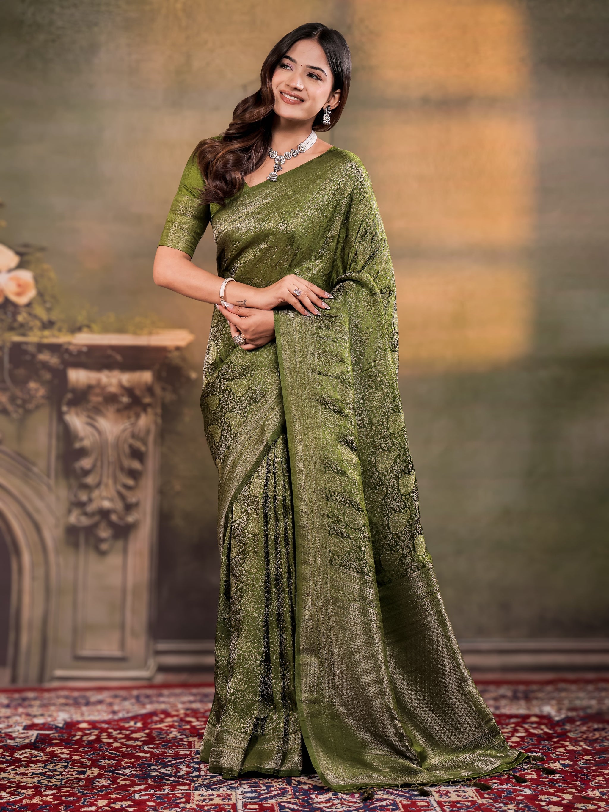 Olive Green Satin Silk Saree with All-Over Paisley Woven Design, Rich Designer Border & Grand Traditional Pallu