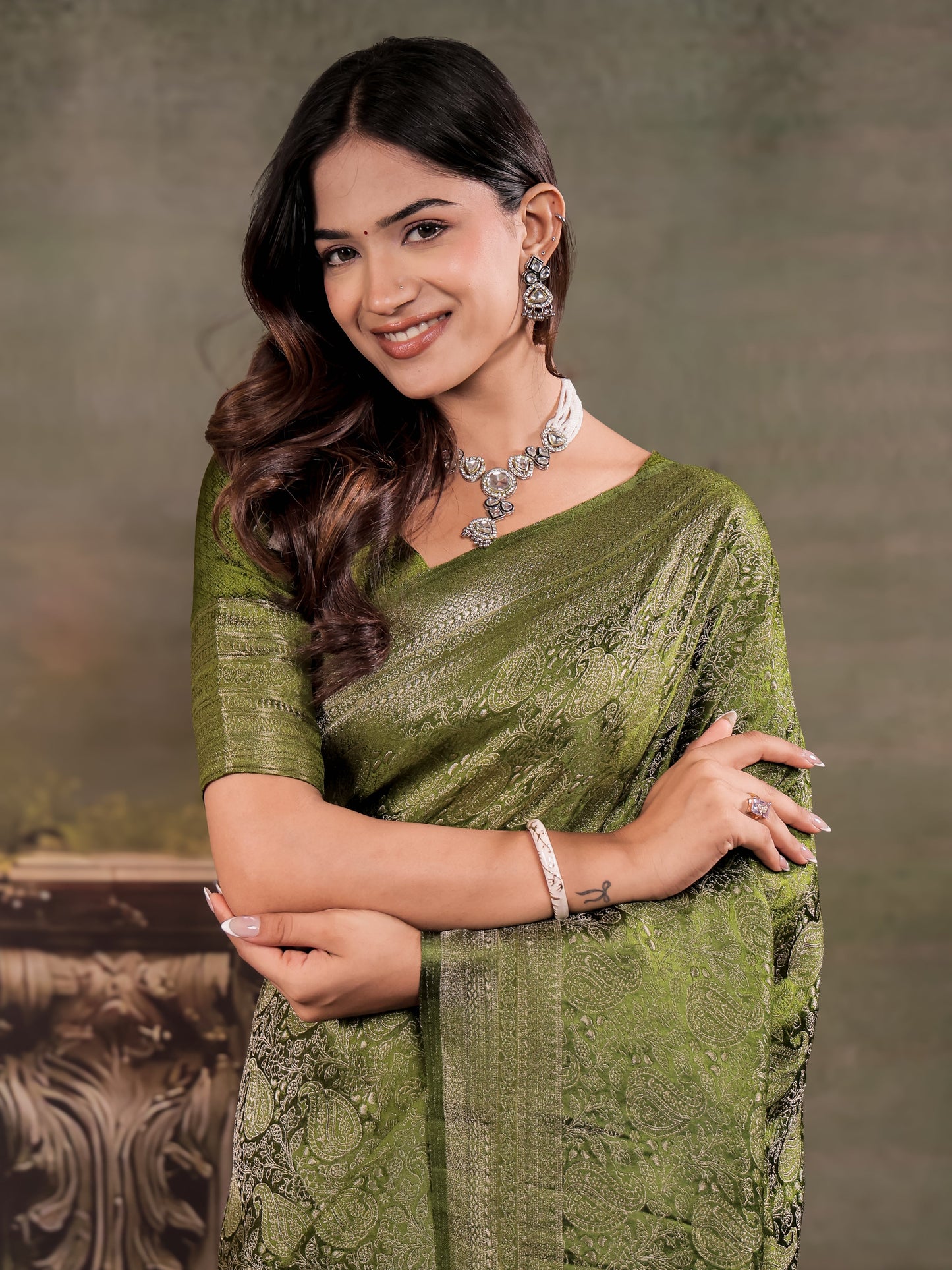 Olive Green Satin Silk Saree with All-Over Paisley Woven Design, Rich Designer Border & Grand Traditional Pallu