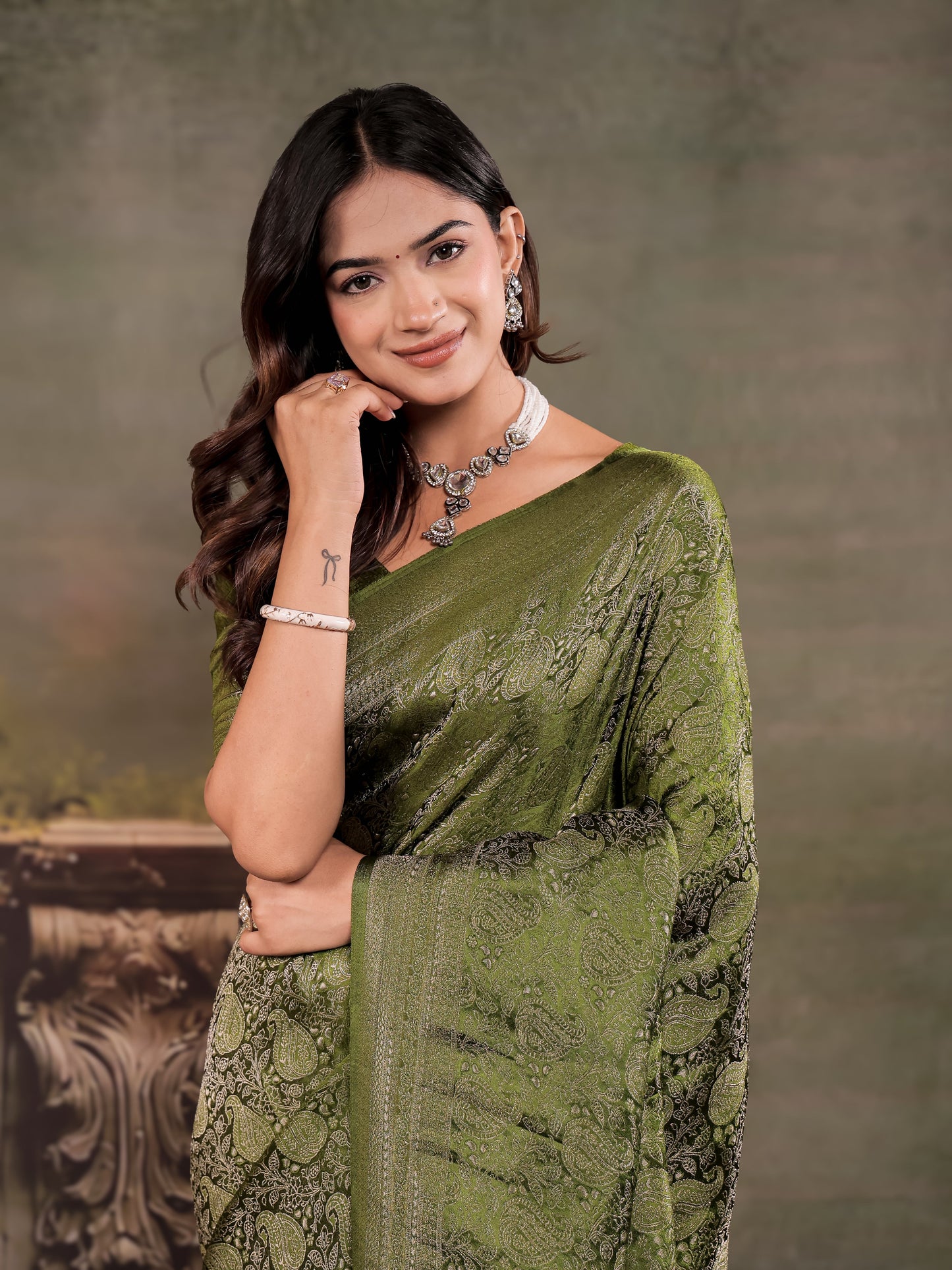Olive Green Satin Silk Saree with All-Over Paisley Woven Design, Rich Designer Border & Grand Traditional Pallu