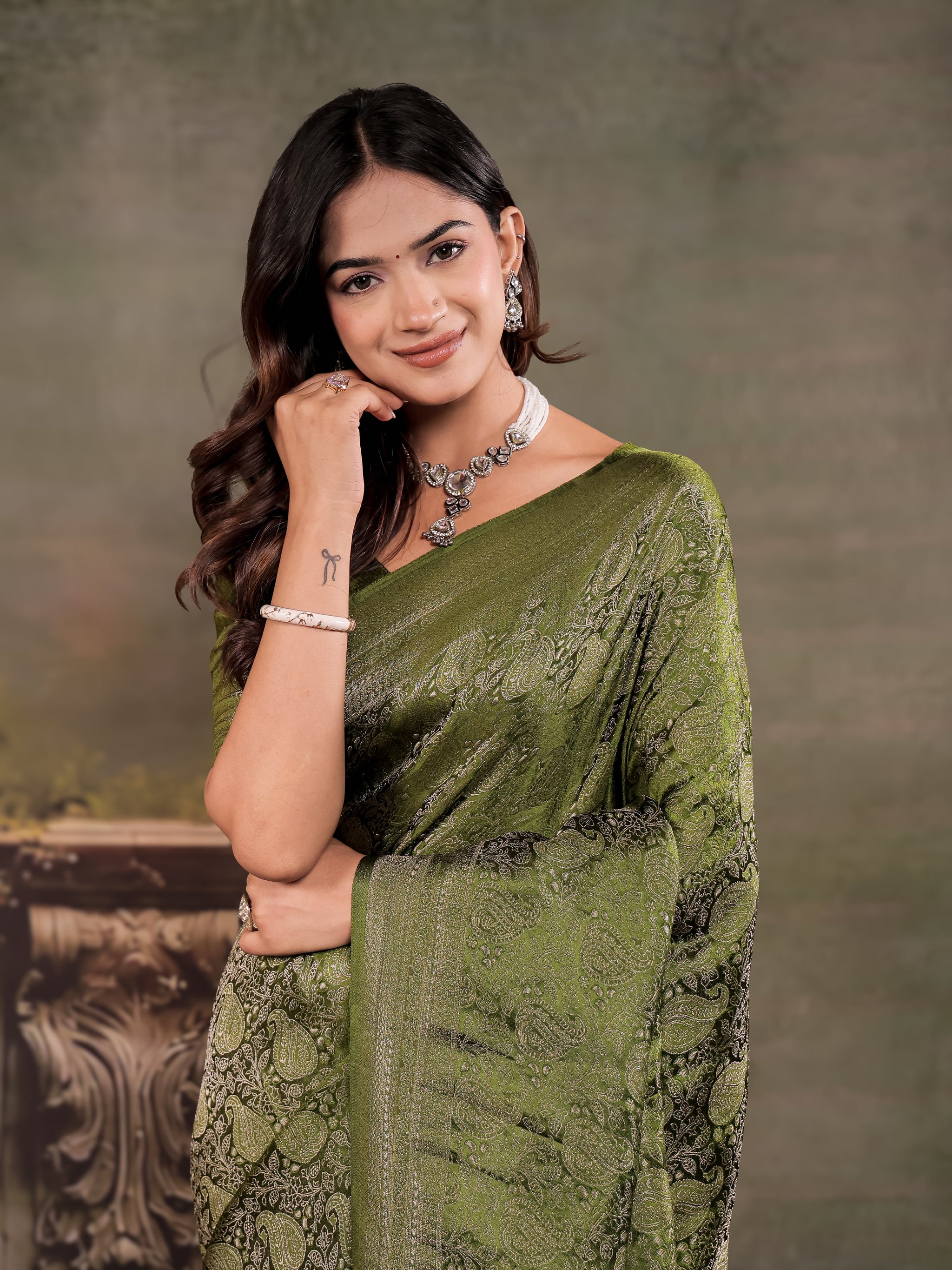 Olive Green Satin Silk Saree with All-Over Paisley Woven Design, Rich Designer Border & Grand Traditional Pallu