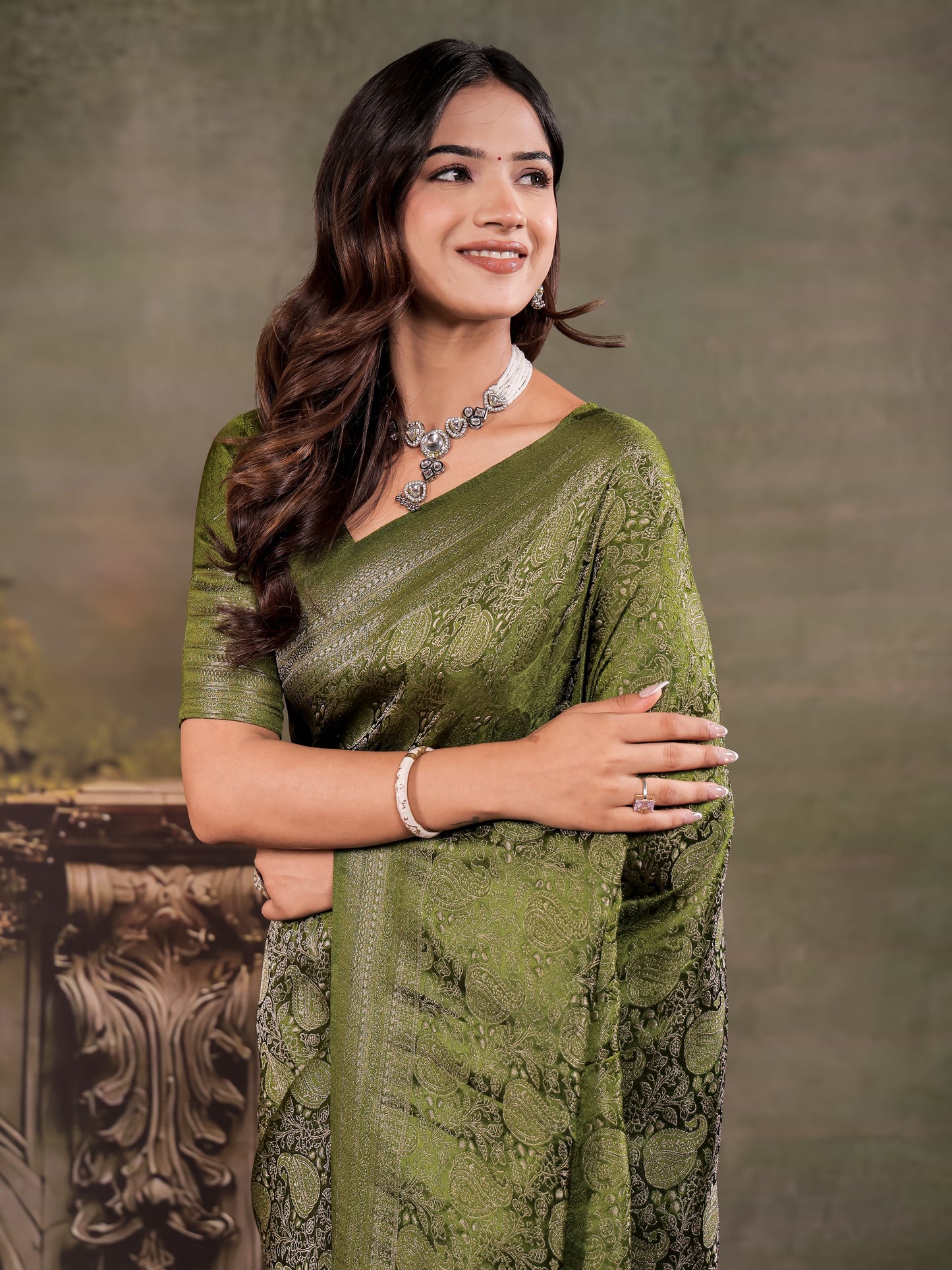 Olive Green Satin Silk Saree with All-Over Paisley Woven Design, Rich Designer Border & Grand Traditional Pallu