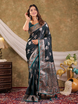 Dark Teal Green Kanjivaram Banarasi Satin Silk Saree with Rich Zari Weaving, Peacock Pallu & Tassel Detailing