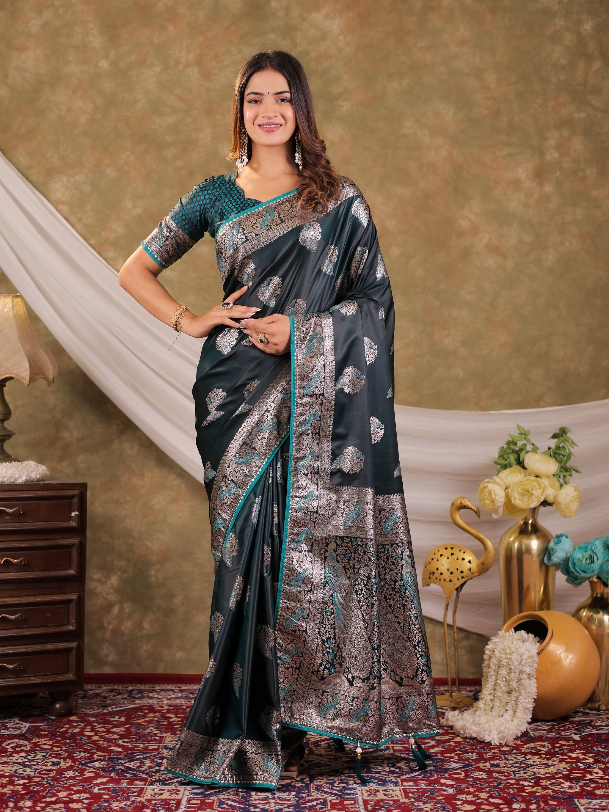 Dark Teal Green Kanjivaram Banarasi Satin Silk Saree with Rich Zari Weaving, Peacock Pallu & Tassel Detailing