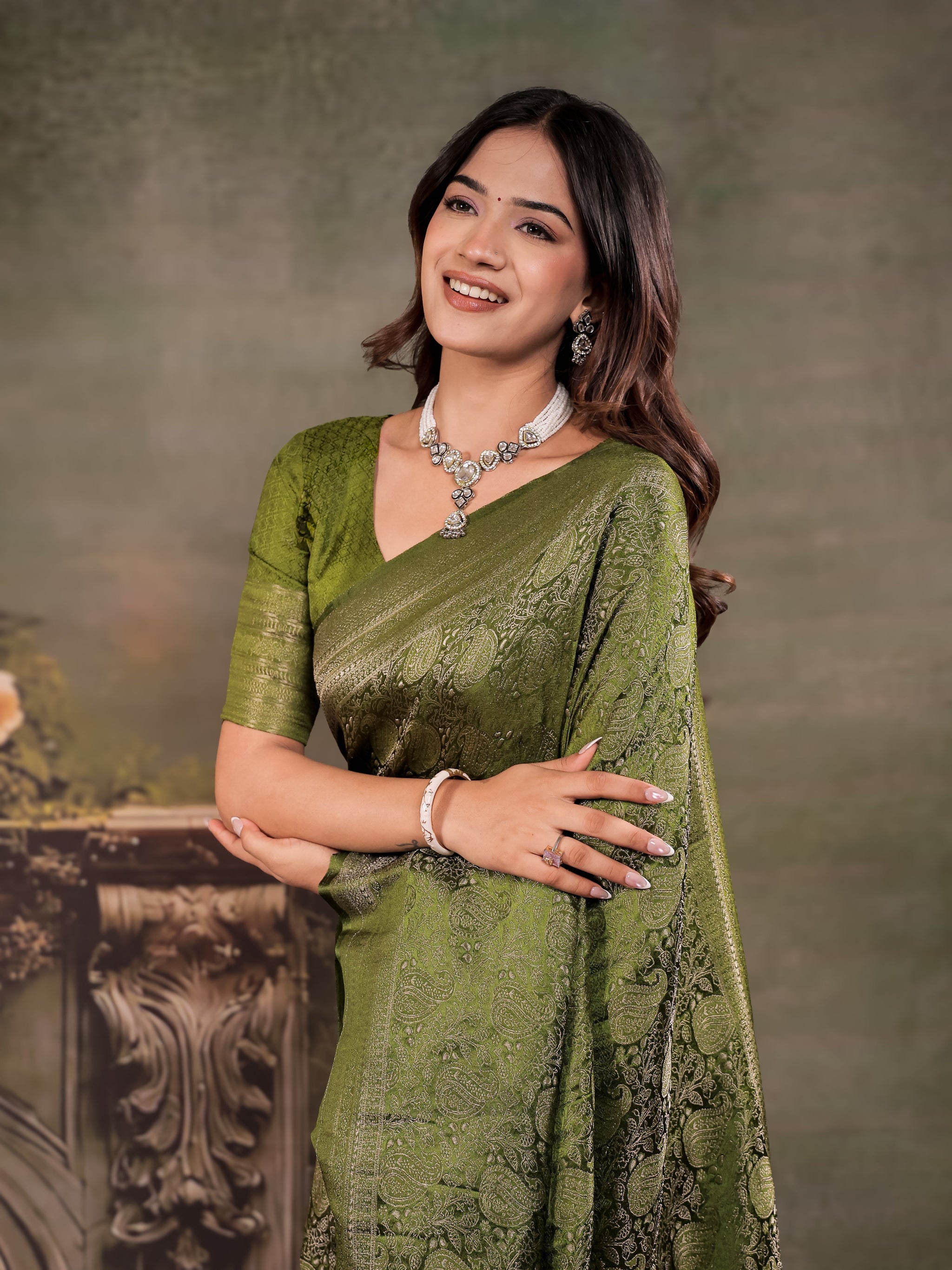 Olive Green Satin Silk Saree with All-Over Paisley Woven Design, Rich Designer Border & Grand Traditional Pallu