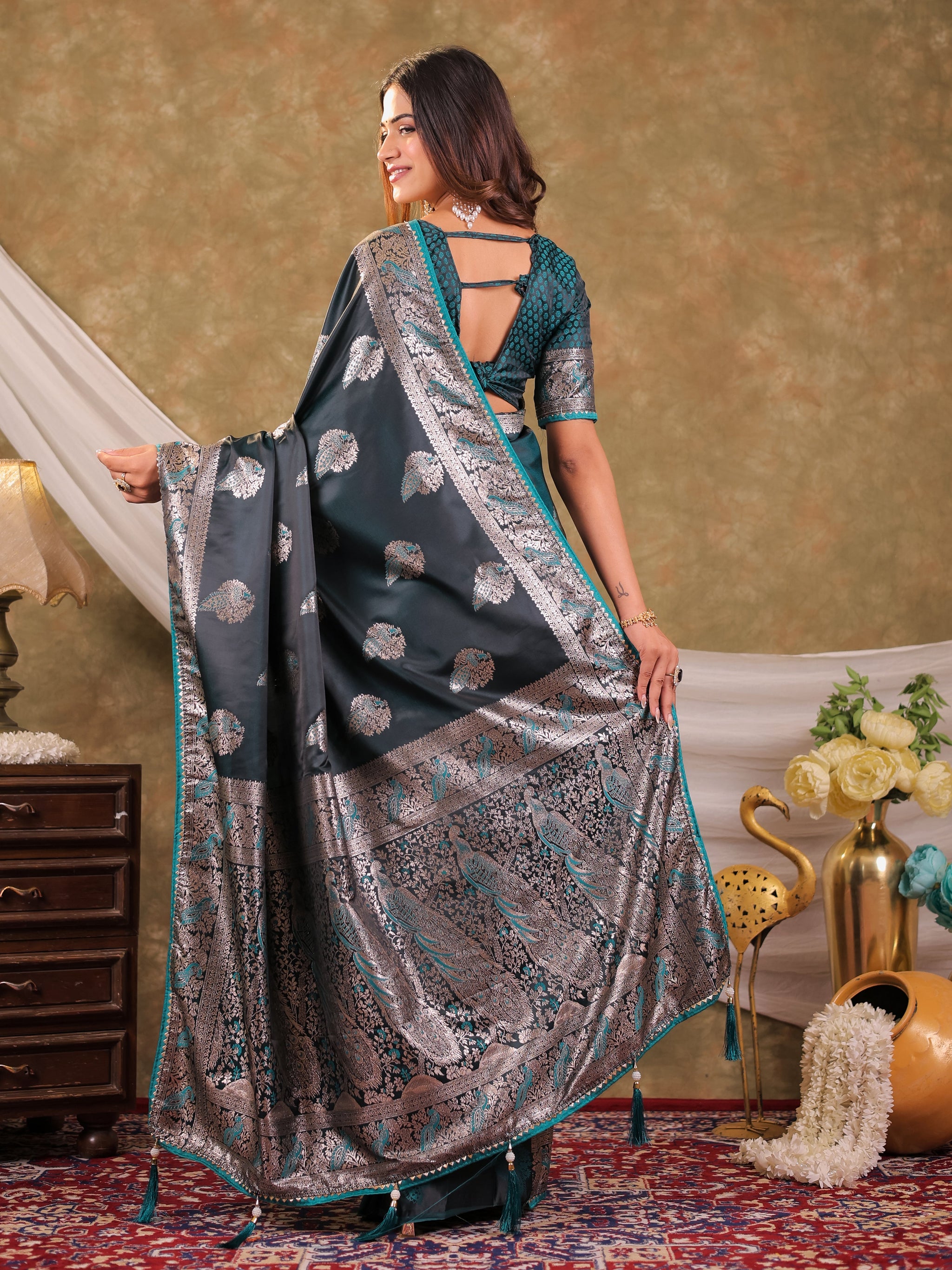 Dark Teal Green Kanjivaram Banarasi Satin Silk Saree with Rich Zari Weaving, Peacock Pallu & Tassel Detailing