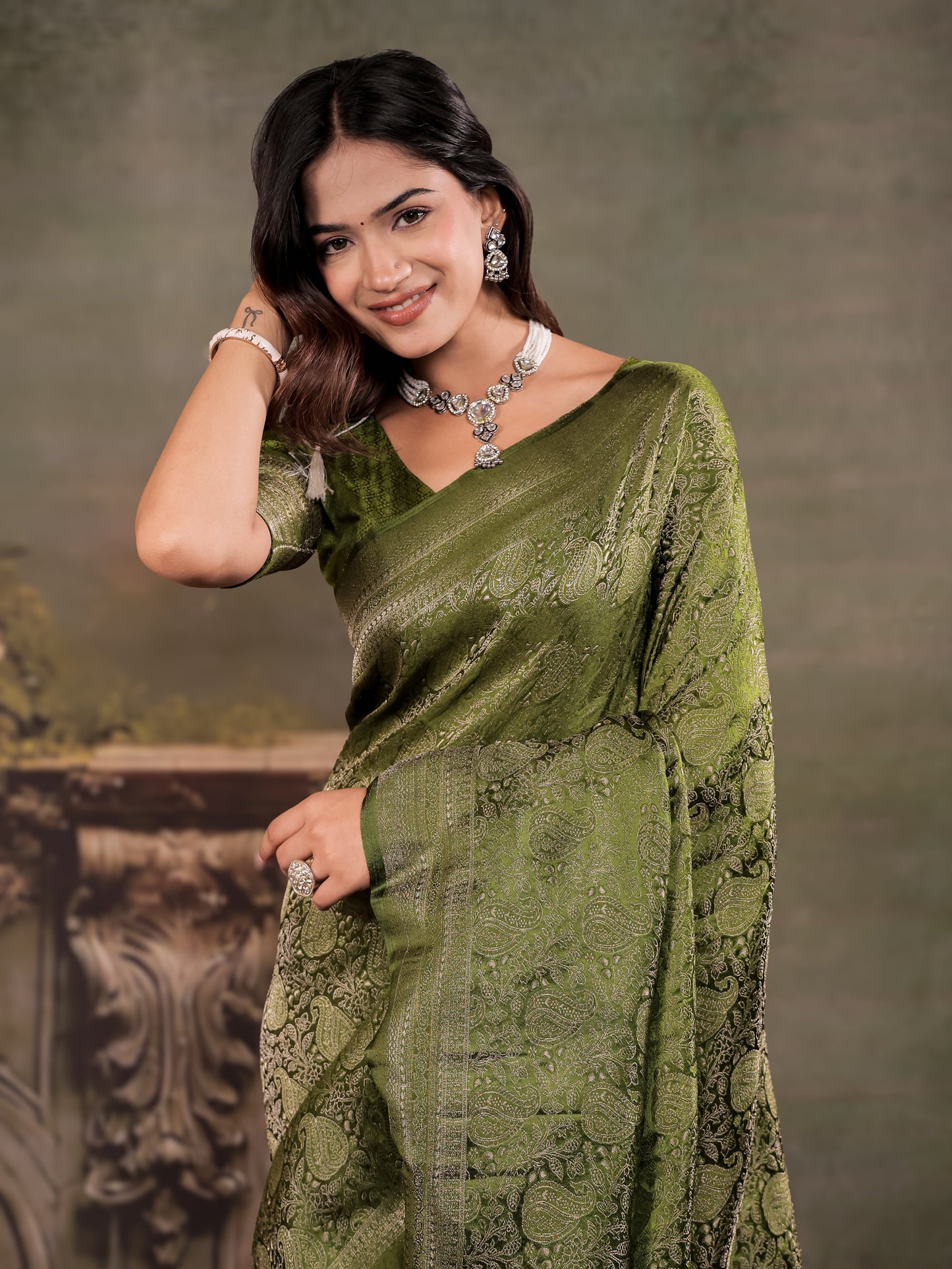 Olive Green Satin Silk Saree with All-Over Paisley Woven Design, Rich Designer Border & Grand Traditional Pallu