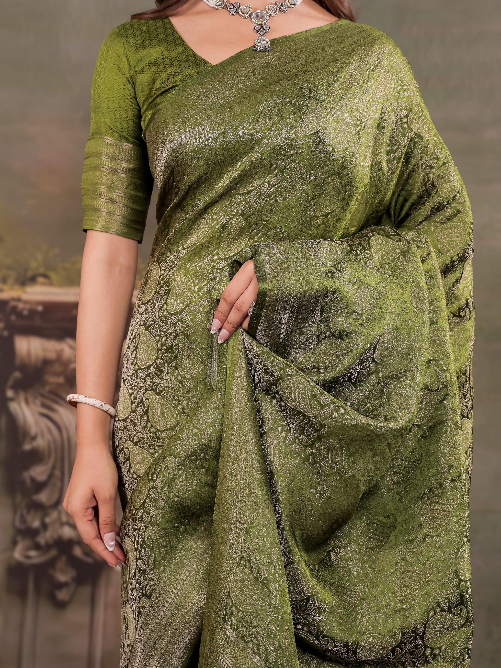Olive Green Satin Silk Saree with All-Over Paisley Woven Design, Rich Designer Border & Grand Traditional Pallu