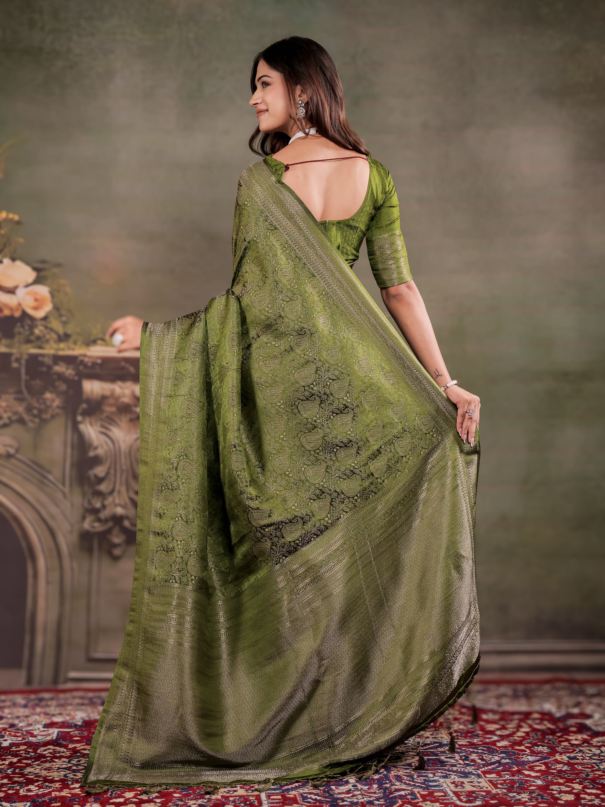Olive Green Satin Silk Saree with All-Over Paisley Woven Design, Rich Designer Border & Grand Traditional Pallu