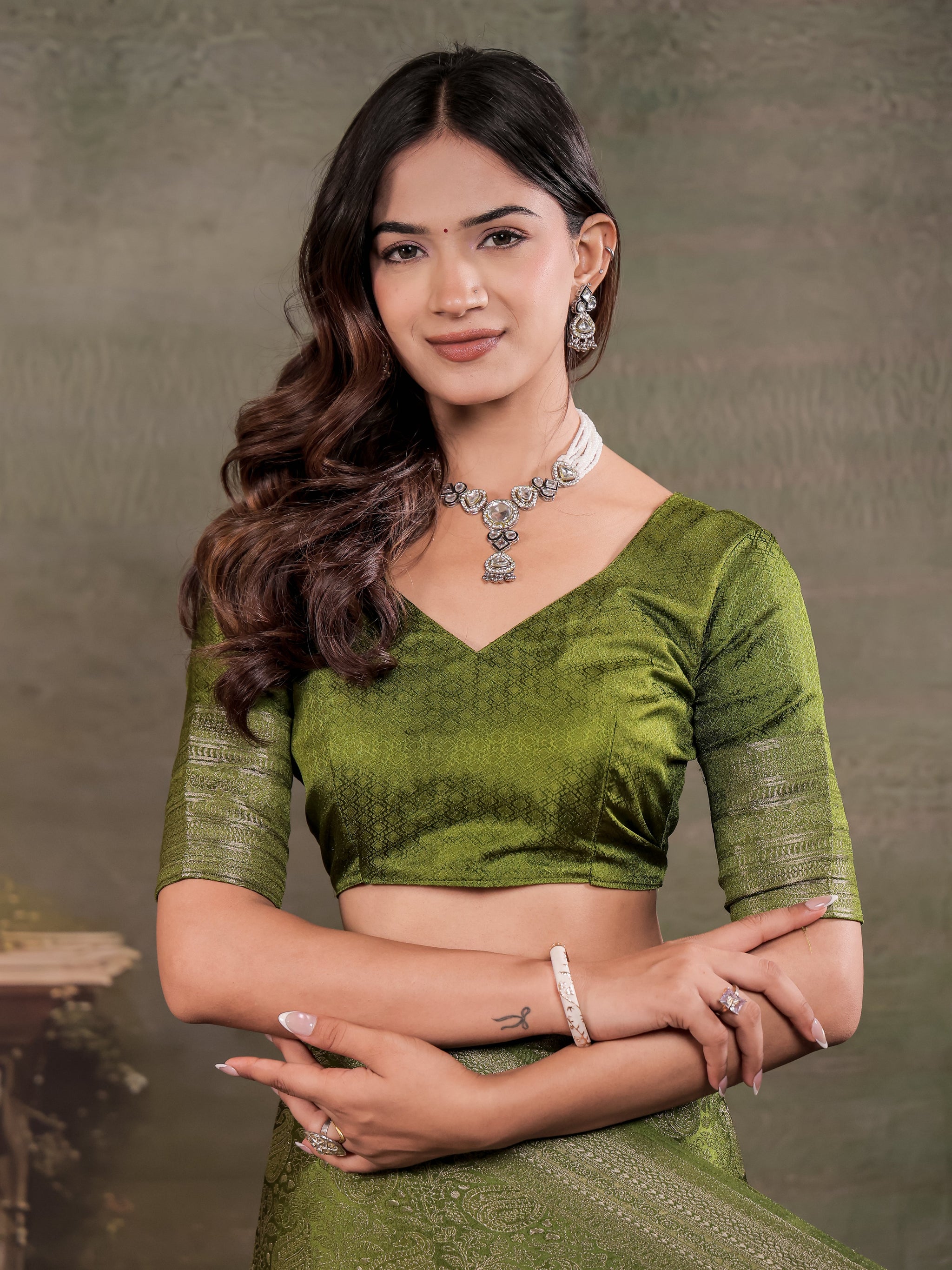 Olive Green Satin Silk Saree with All-Over Paisley Woven Design, Rich Designer Border & Grand Traditional Pallu