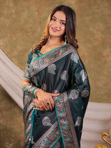Dark Teal Green Kanjivaram Banarasi Satin Silk Saree with Rich Zari Weaving, Peacock Pallu & Tassel Detailing