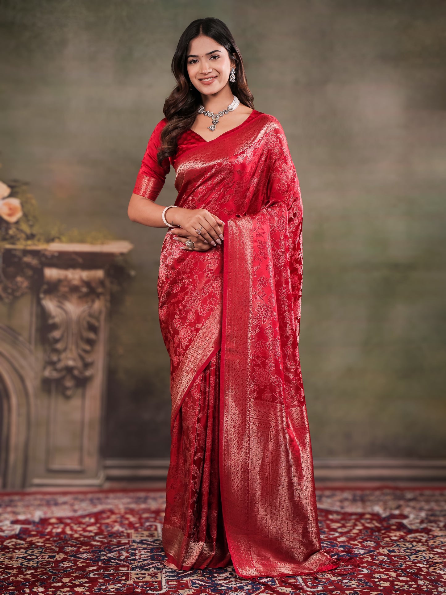 Ruby Red Satin Silk Saree with All-Over Floral Jacquard Weaving, Rich Zari Border, Grand Designer Pallu & Tassel Edges