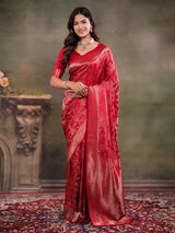 Ruby Red Satin Silk Saree with All-Over Floral Jacquard Weaving, Rich Zari Border, Grand Designer Pallu & Tassel Edges