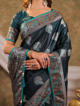 Dark Teal Green Kanjivaram Banarasi Satin Silk Saree with Rich Zari Weaving, Peacock Pallu & Tassel Detailing