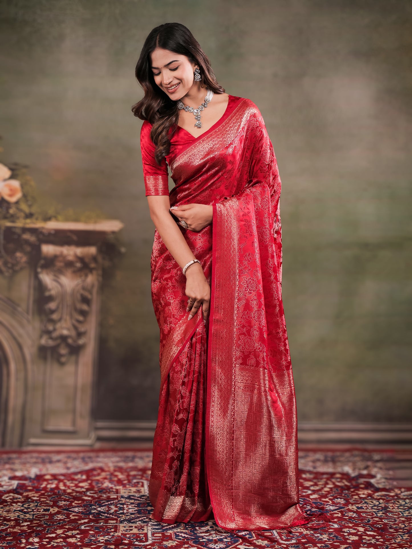 Ruby Red Satin Silk Saree with All-Over Floral Jacquard Weaving, Rich Zari Border, Grand Designer Pallu & Tassel Edges
