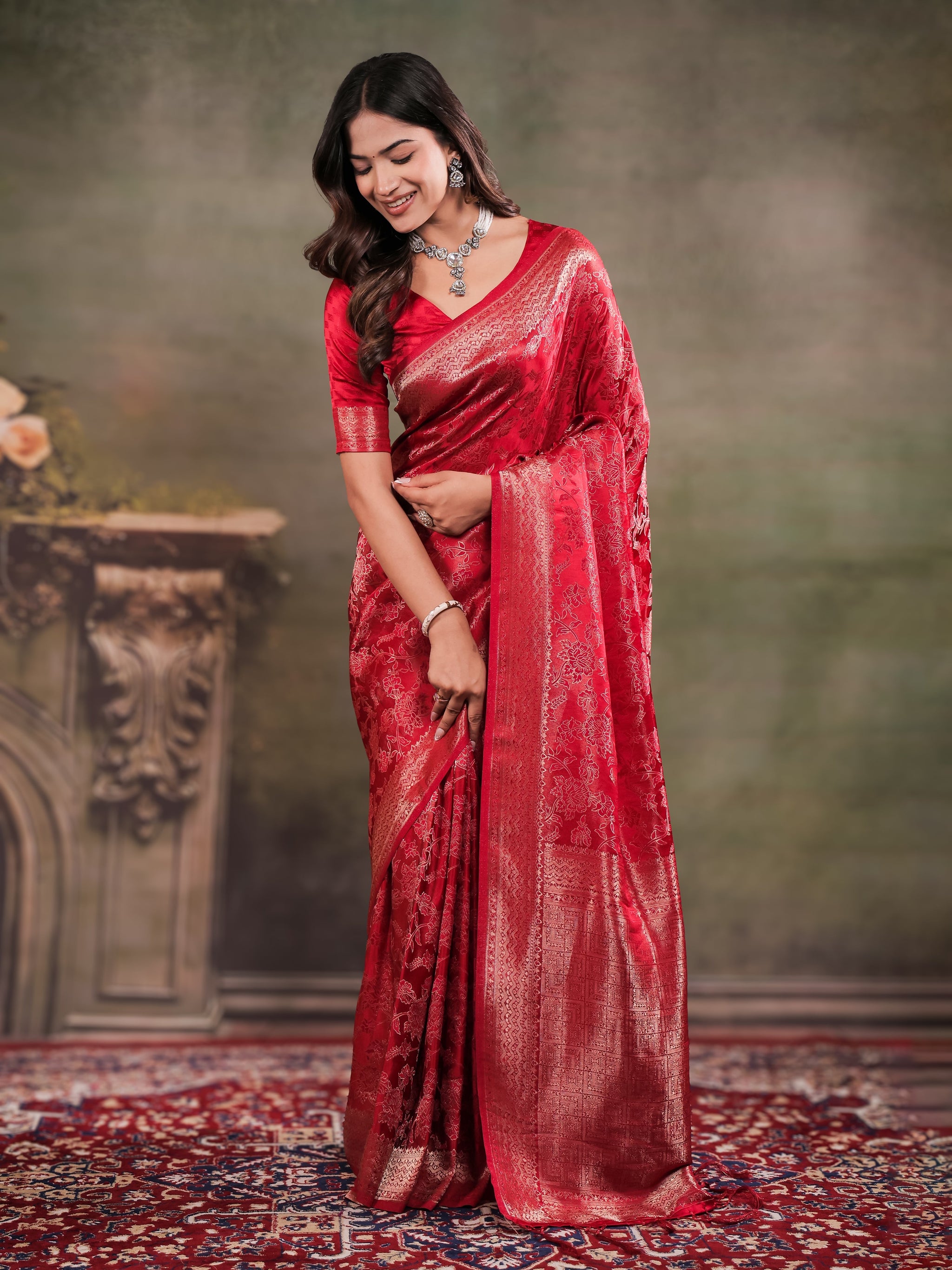 Ruby Red Satin Silk Saree with All-Over Floral Jacquard Weaving, Rich Zari Border, Grand Designer Pallu & Tassel Edges