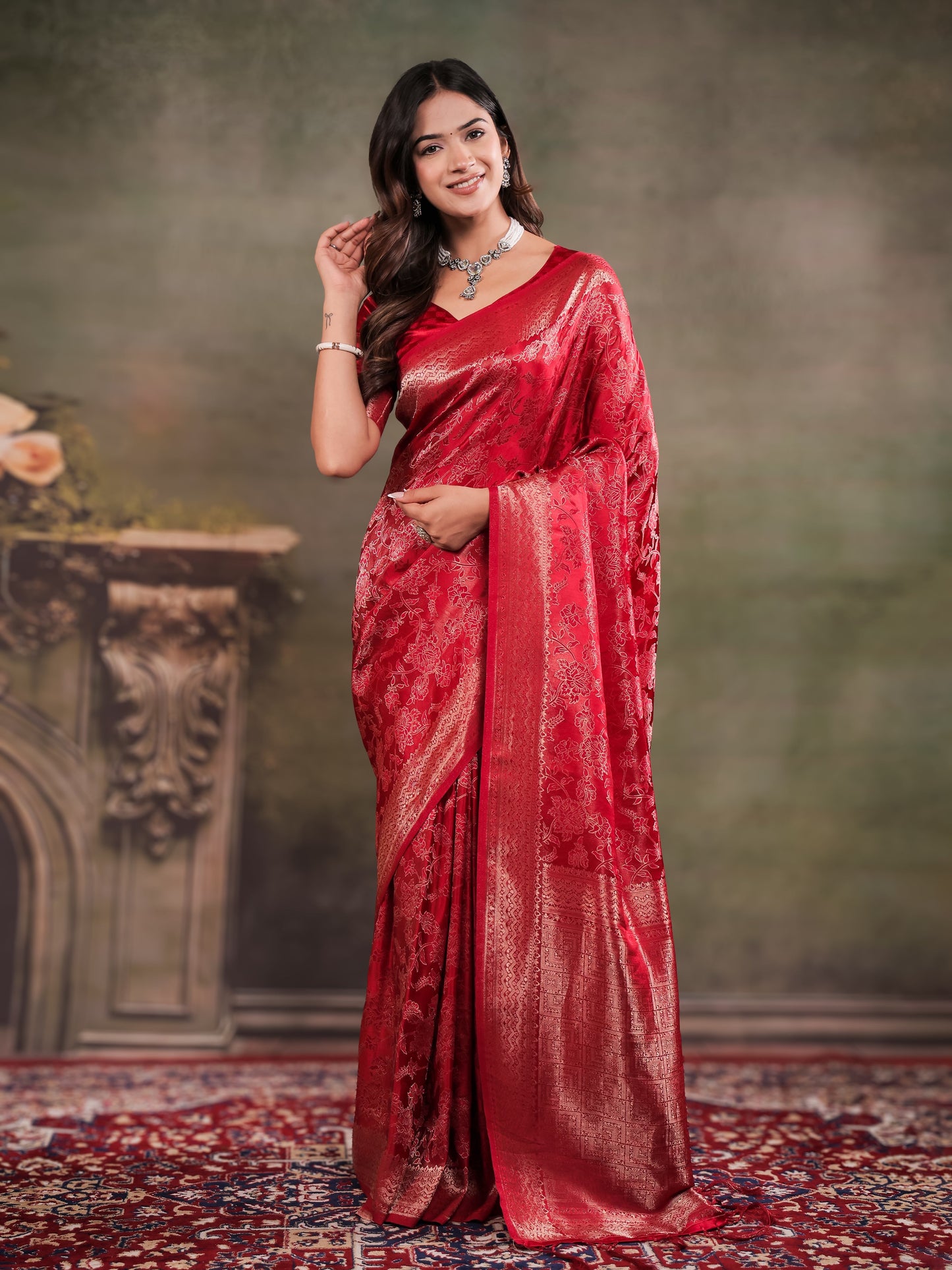 Ruby Red Satin Silk Saree with All-Over Floral Jacquard Weaving, Rich Zari Border, Grand Designer Pallu & Tassel Edges