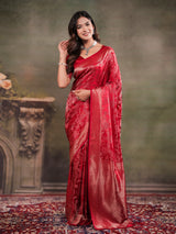 Ruby Red Satin Silk Saree with All-Over Floral Jacquard Weaving, Rich Zari Border, Grand Designer Pallu & Tassel Edges