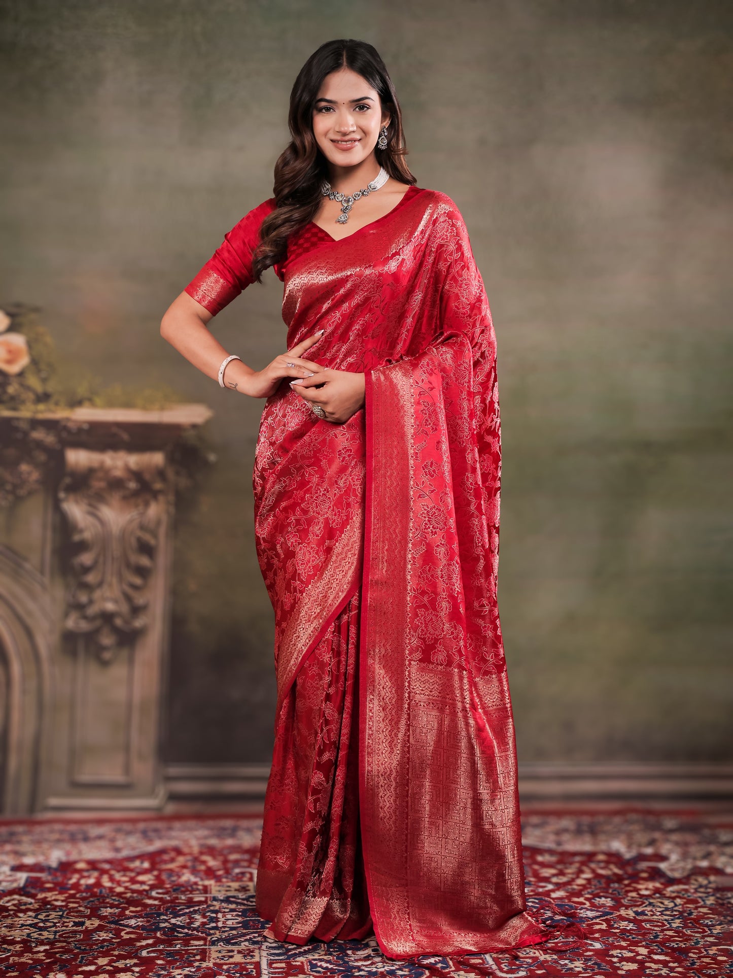 Ruby Red Satin Silk Saree with All-Over Floral Jacquard Weaving, Rich Zari Border, Grand Designer Pallu & Tassel Edges