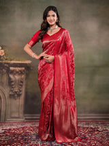 Ruby Red Satin Silk Saree with All-Over Floral Jacquard Weaving, Rich Zari Border, Grand Designer Pallu & Tassel Edges
