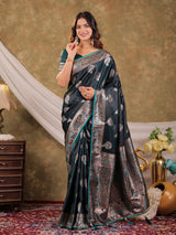 Dark Teal Green Kanjivaram Banarasi Satin Silk Saree with Rich Zari Weaving, Peacock Pallu & Tassel Detailing