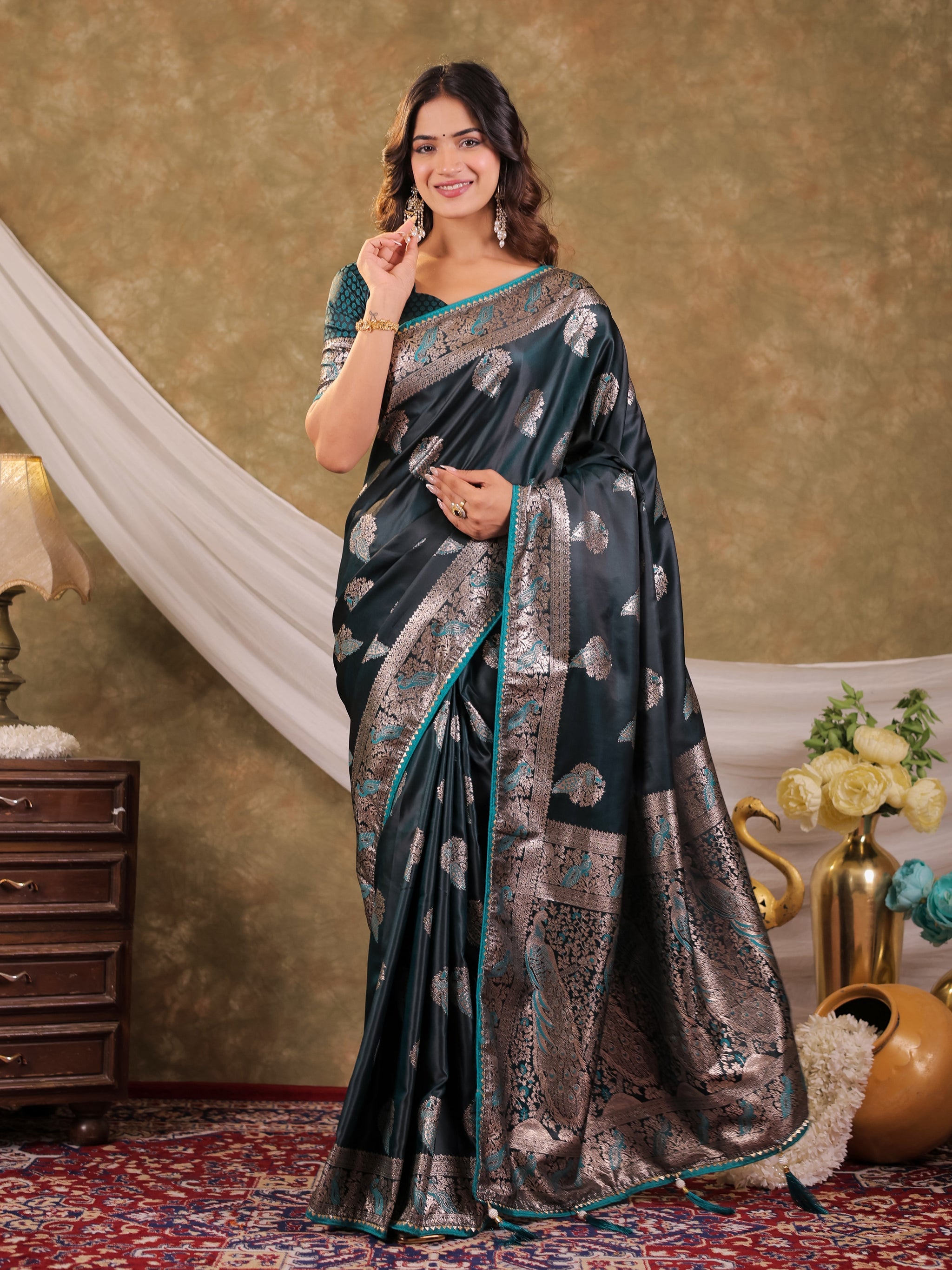 Dark Teal Green Kanjivaram Banarasi Satin Silk Saree with Rich Zari Weaving, Peacock Pallu & Tassel Detailing