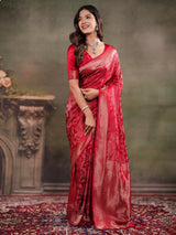Ruby Red Satin Silk Saree with All-Over Floral Jacquard Weaving, Rich Zari Border, Grand Designer Pallu & Tassel Edges