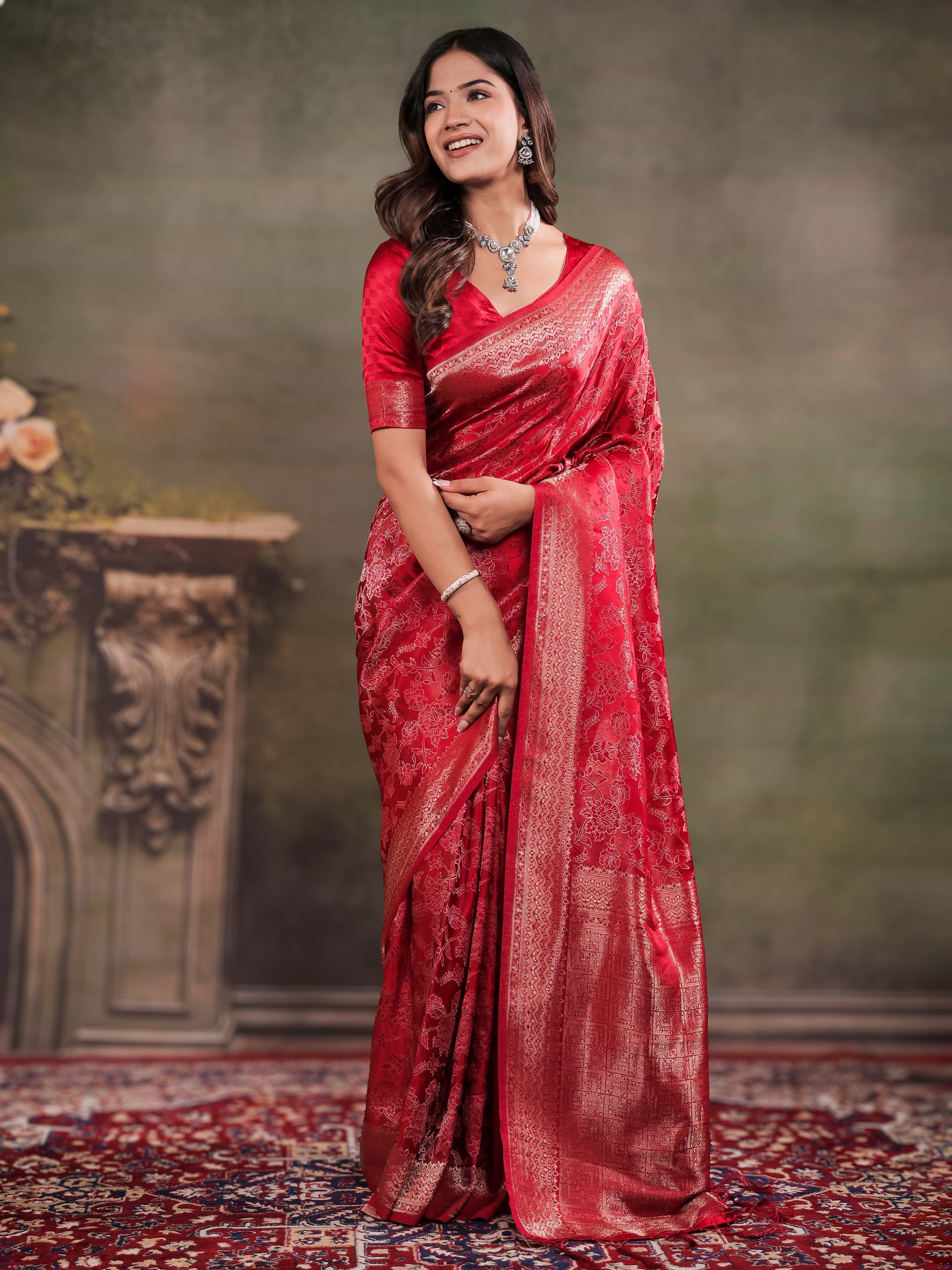 Ruby Red Satin Silk Saree with All-Over Floral Jacquard Weaving, Rich Zari Border, Grand Designer Pallu & Tassel Edges