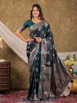Dark Teal Green Kanjivaram Banarasi Satin Silk Saree with Rich Zari Weaving, Peacock Pallu & Tassel Detailing