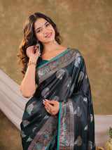 Dark Teal Green Kanjivaram Banarasi Satin Silk Saree with Rich Zari Weaving, Peacock Pallu & Tassel Detailing