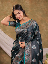 Dark Teal Green Kanjivaram Banarasi Satin Silk Saree with Rich Zari Weaving, Peacock Pallu & Tassel Detailing