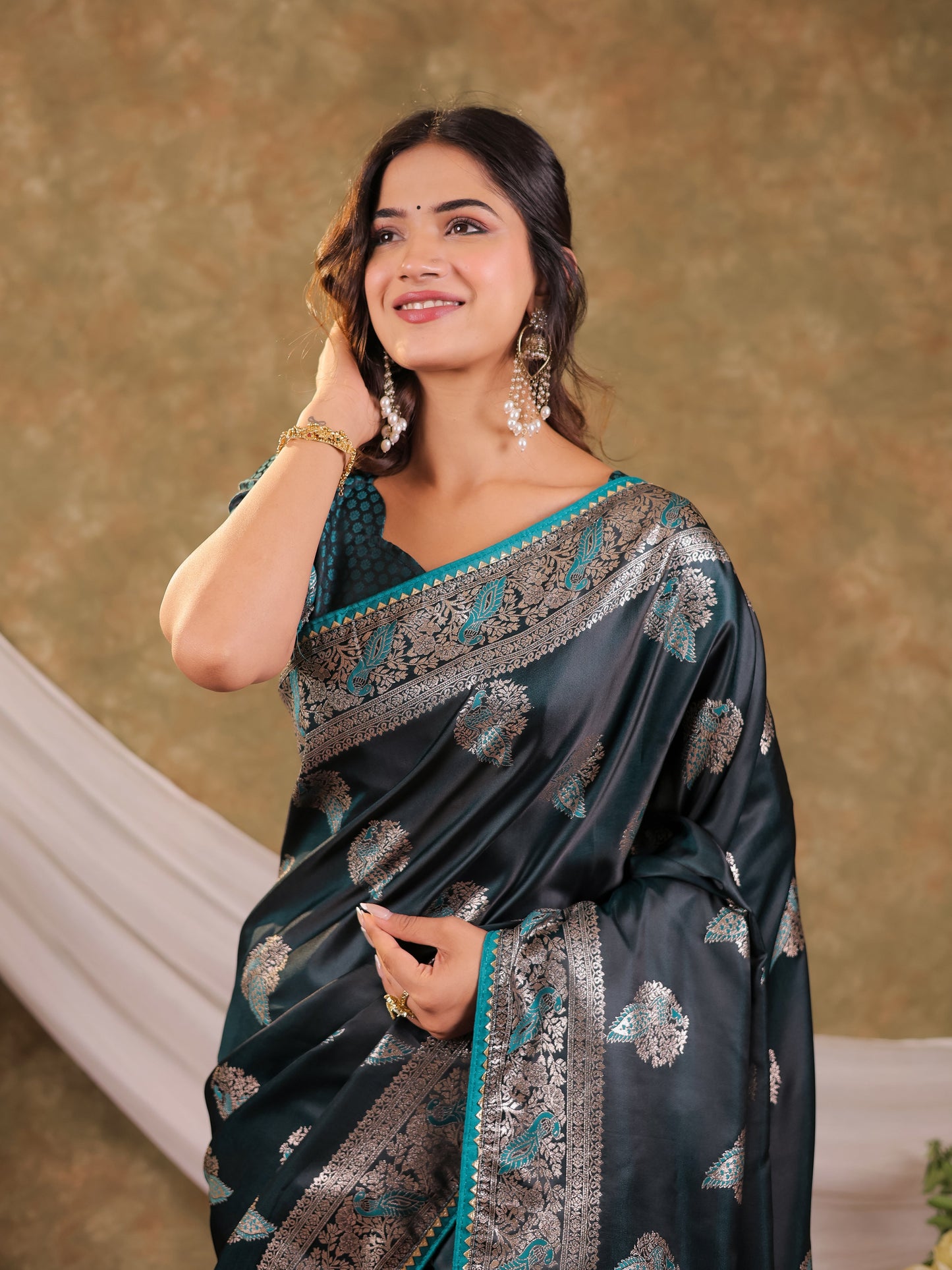 Dark Teal Green Kanjivaram Banarasi Satin Silk Saree with Rich Zari Weaving, Peacock Pallu & Tassel Detailing
