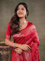 Ruby Red Satin Silk Saree with All-Over Floral Jacquard Weaving, Rich Zari Border, Grand Designer Pallu & Tassel Edges