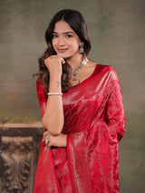 Ruby Red Satin Silk Saree with All-Over Floral Jacquard Weaving, Rich Zari Border, Grand Designer Pallu & Tassel Edges
