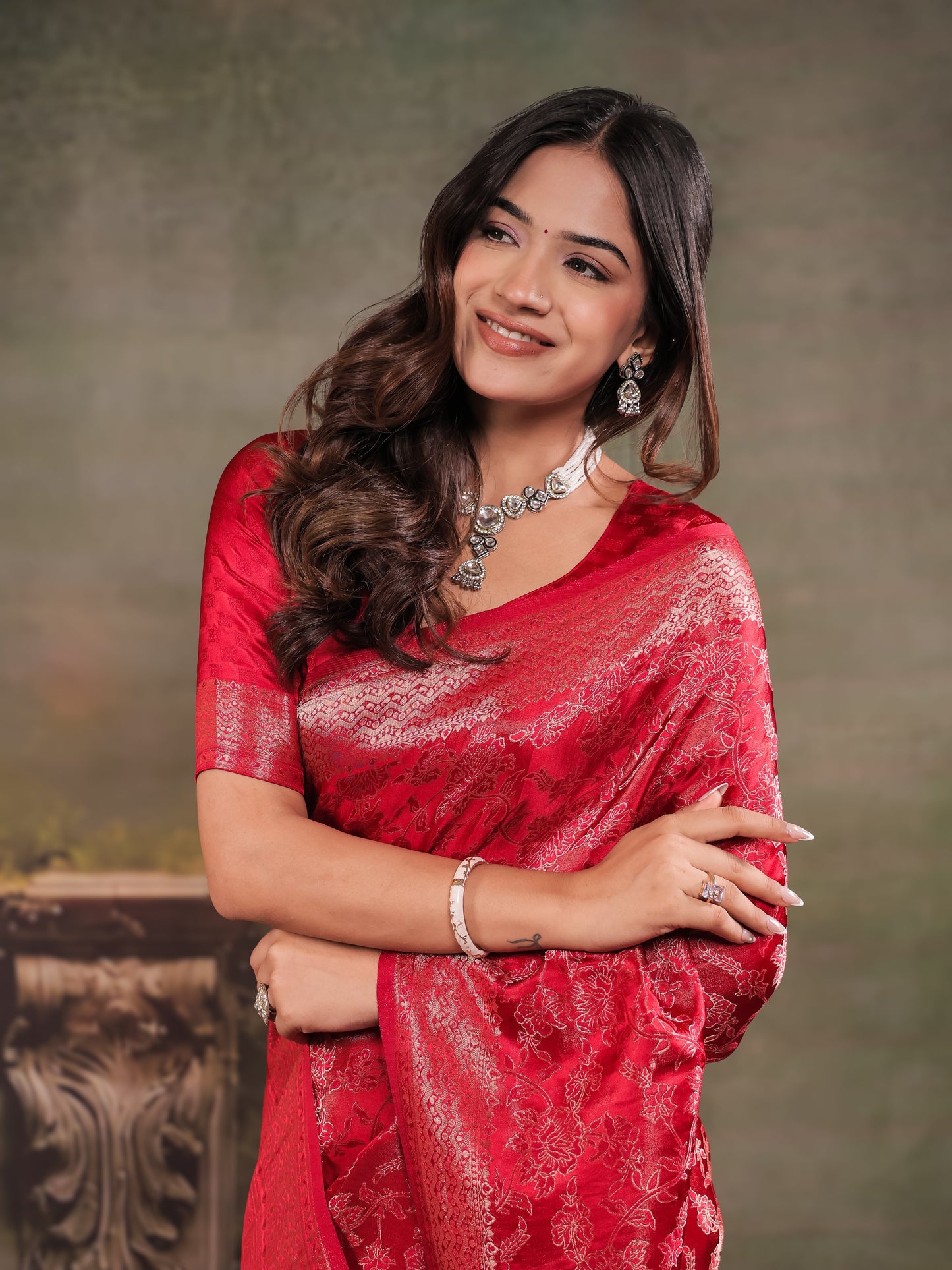 Ruby Red Satin Silk Saree with All-Over Floral Jacquard Weaving, Rich Zari Border, Grand Designer Pallu & Tassel Edges